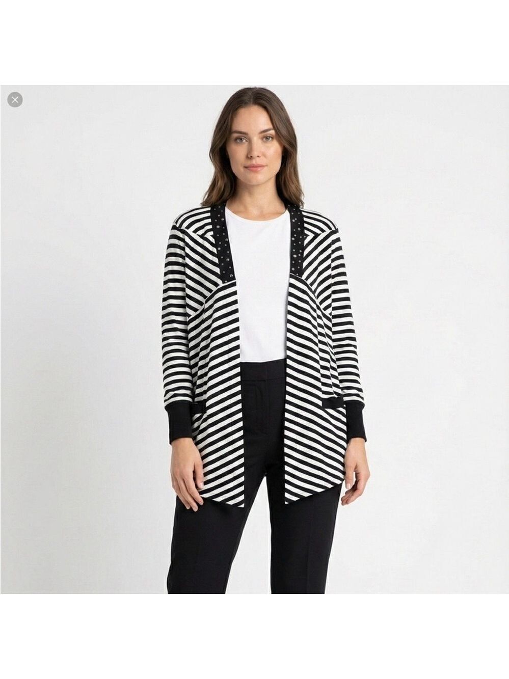 CITY GIRL x Nancy Bolen Stripe Cotton Jersey Knit Embellished Open Front Cardi
